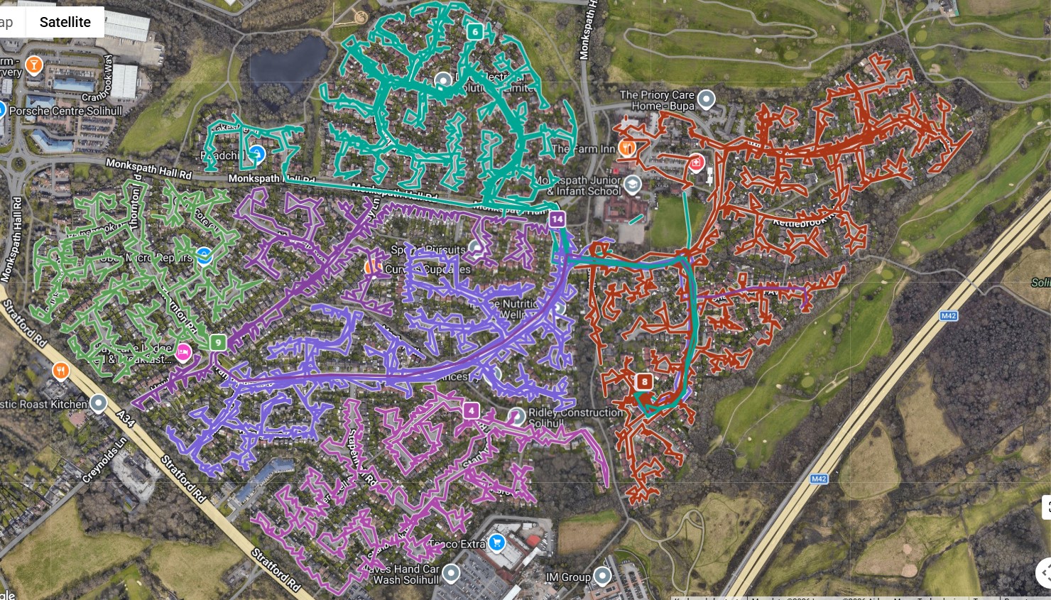 TrakaDrop GPS route maps showing the streets walked by Look Local leaflet deliverers